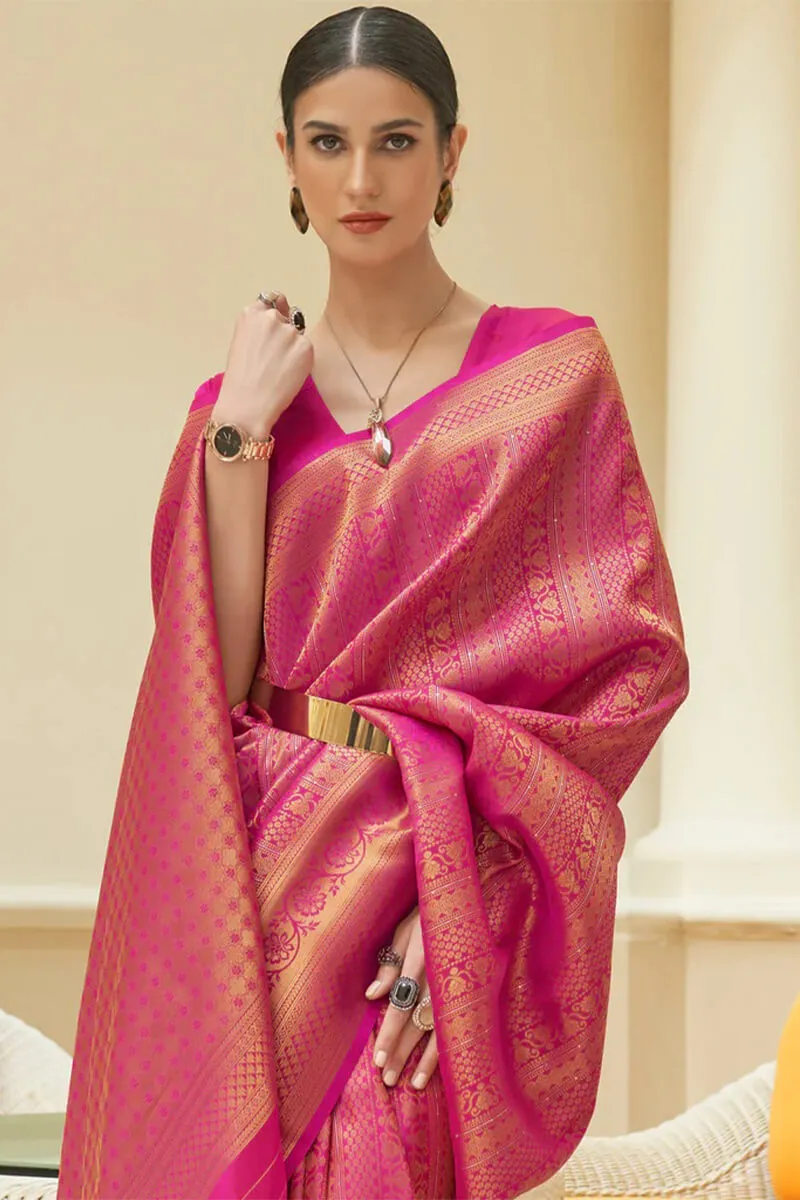 Cerise Pink Zari Woven and Sequence Work Kanjivaram Silk Saree