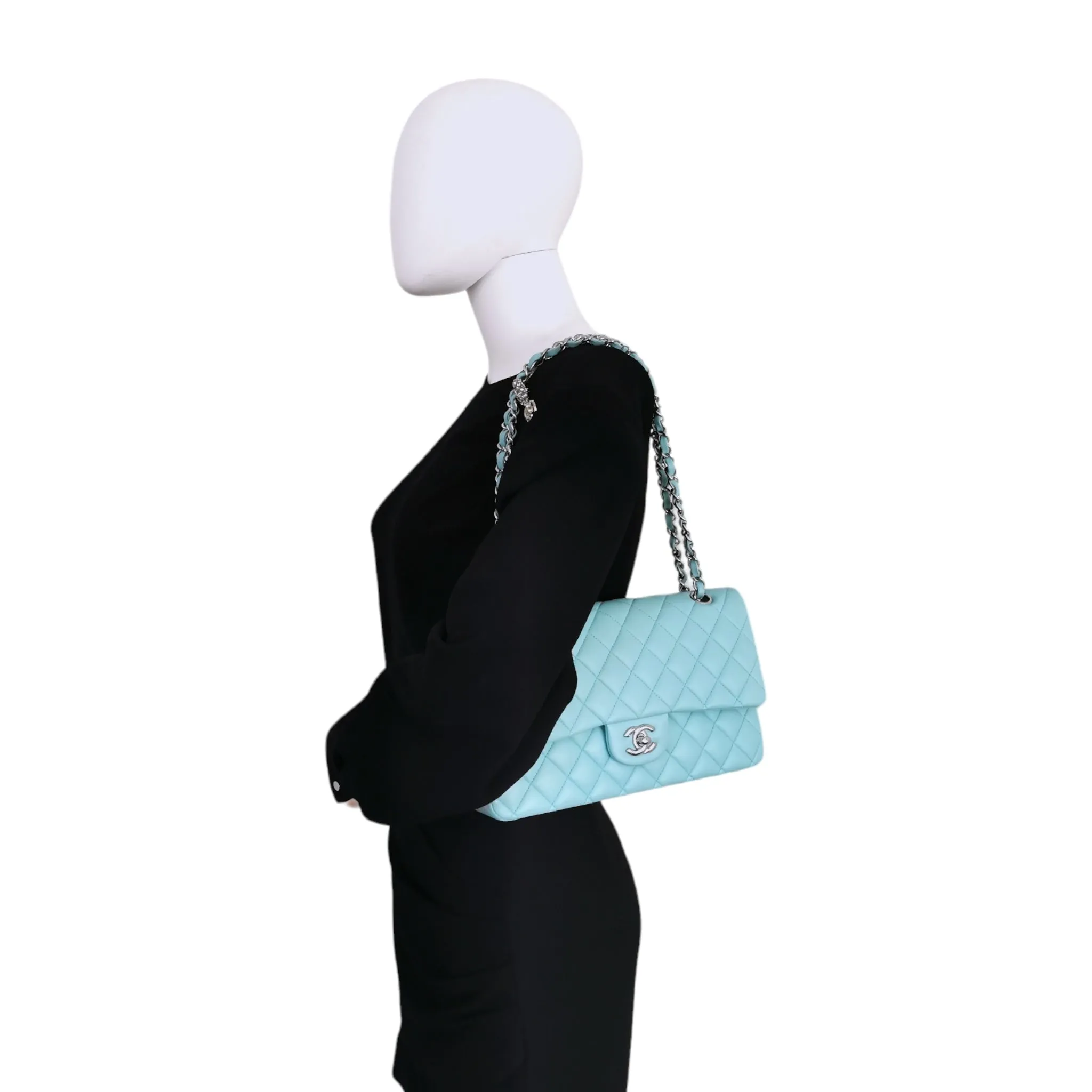 Chanel Classic Double Flap Medium Tiffany Blue Lambskin Silver