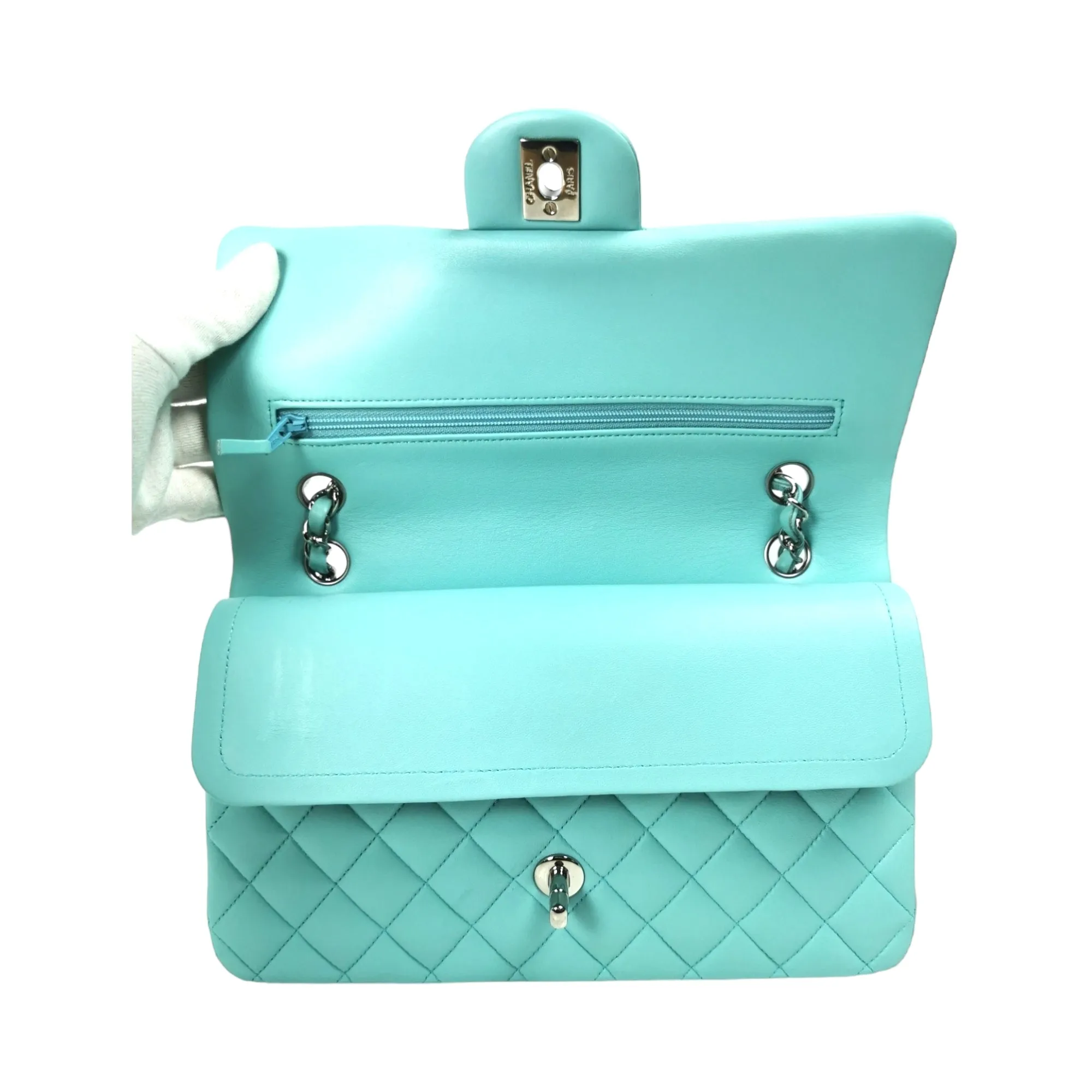 Chanel Classic Double Flap Medium Tiffany Blue Lambskin Silver