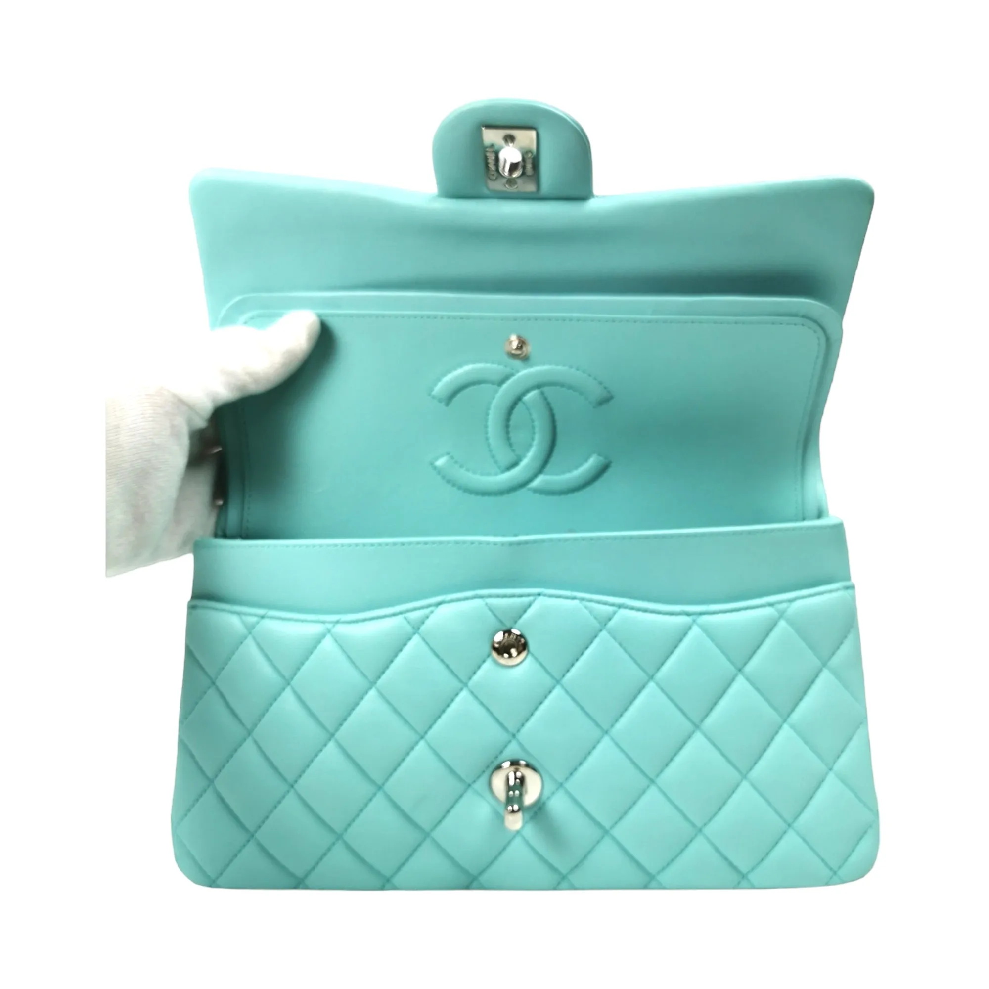 Chanel Classic Double Flap Medium Tiffany Blue Lambskin Silver