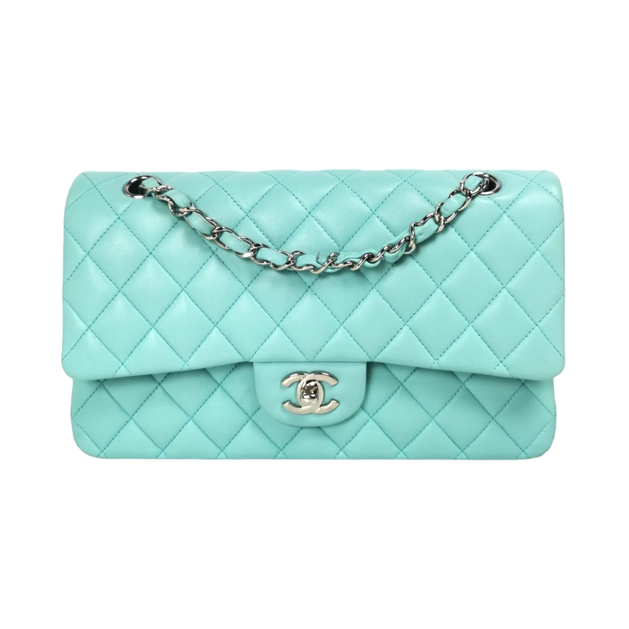 Chanel Classic Double Flap Medium Tiffany Blue Lambskin Silver