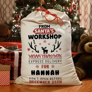 Customised Festive Christmas Sack - Children's Santa Workshop Design - Xmas Toy Bag