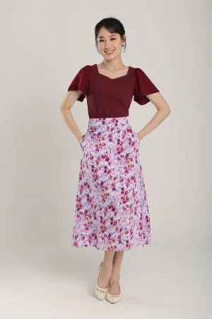 Delania Floral Print Midi Skirt in Lavender Red