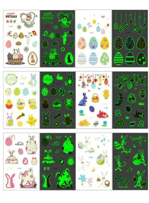 Easter Glow Temporary Tattoos for Kids, 288 Pieces Waterproof Mixed Style Cartoon Fake Tattoo, Glow in The Dark Fake Tattoos Easter bunny, eggs Waterproof Temporary Tattoo Stickers