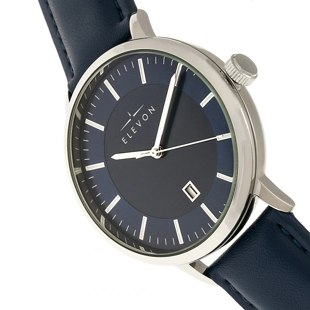 Elevon Vin Leather-Band Watch w/Date - Silver/Blue