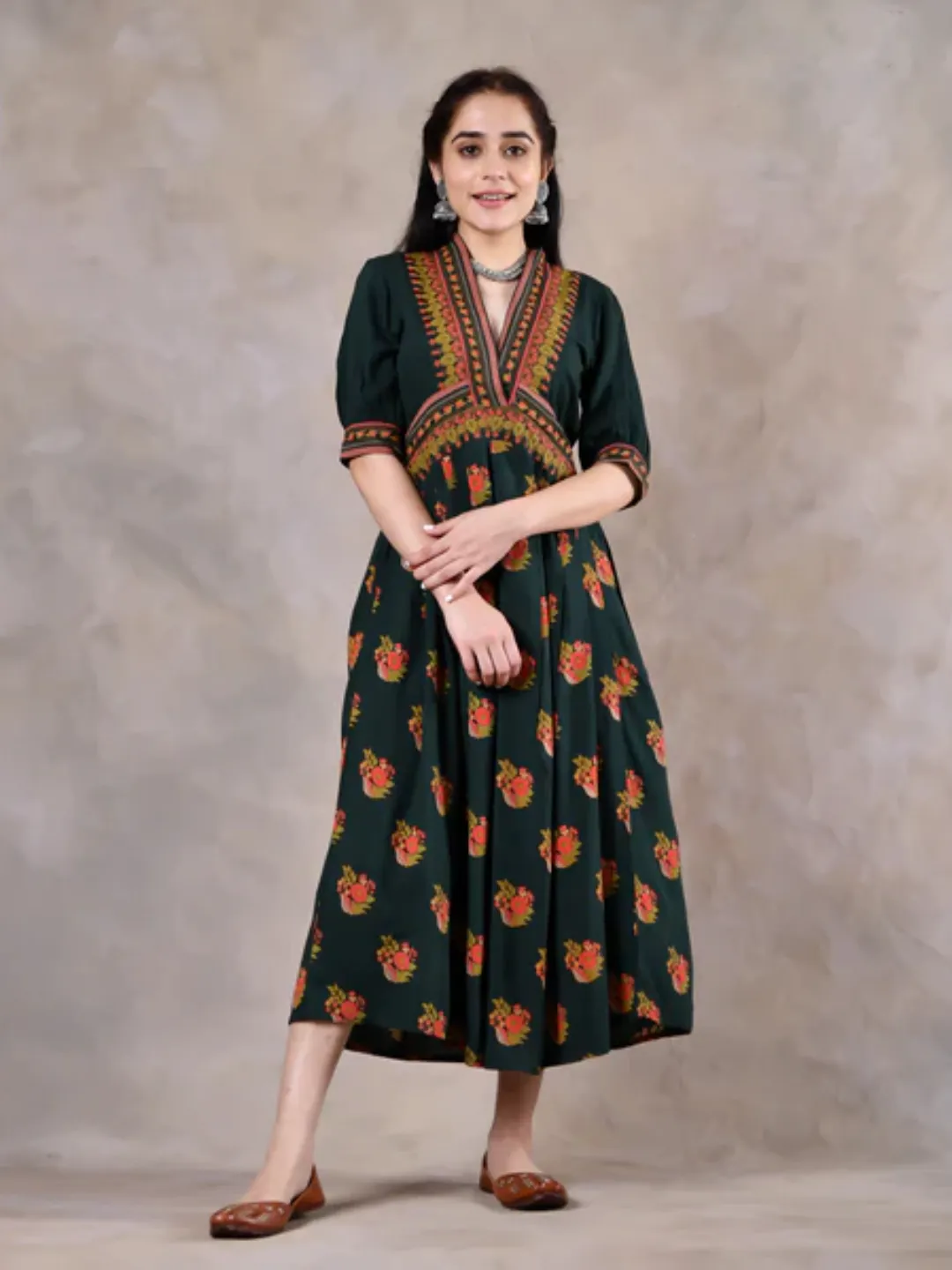 Emerald Green V Neck Gathered Dress