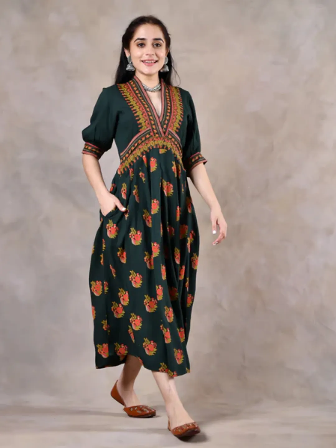 Emerald Green V Neck Gathered Dress