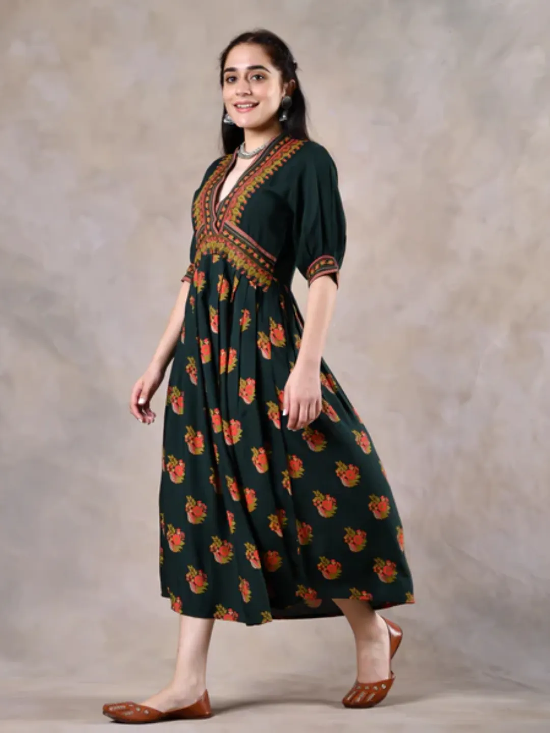 Emerald Green V Neck Gathered Dress