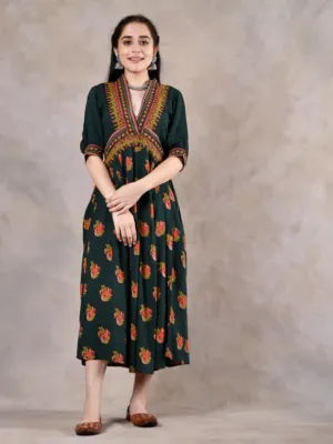 Emerald Green V Neck Gathered Dress