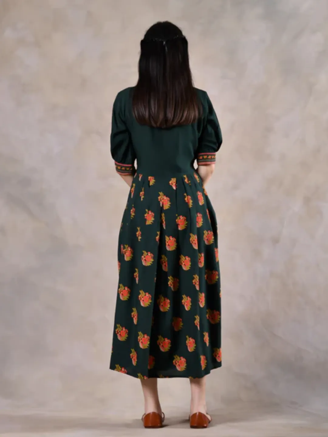 Emerald Green V Neck Gathered Dress