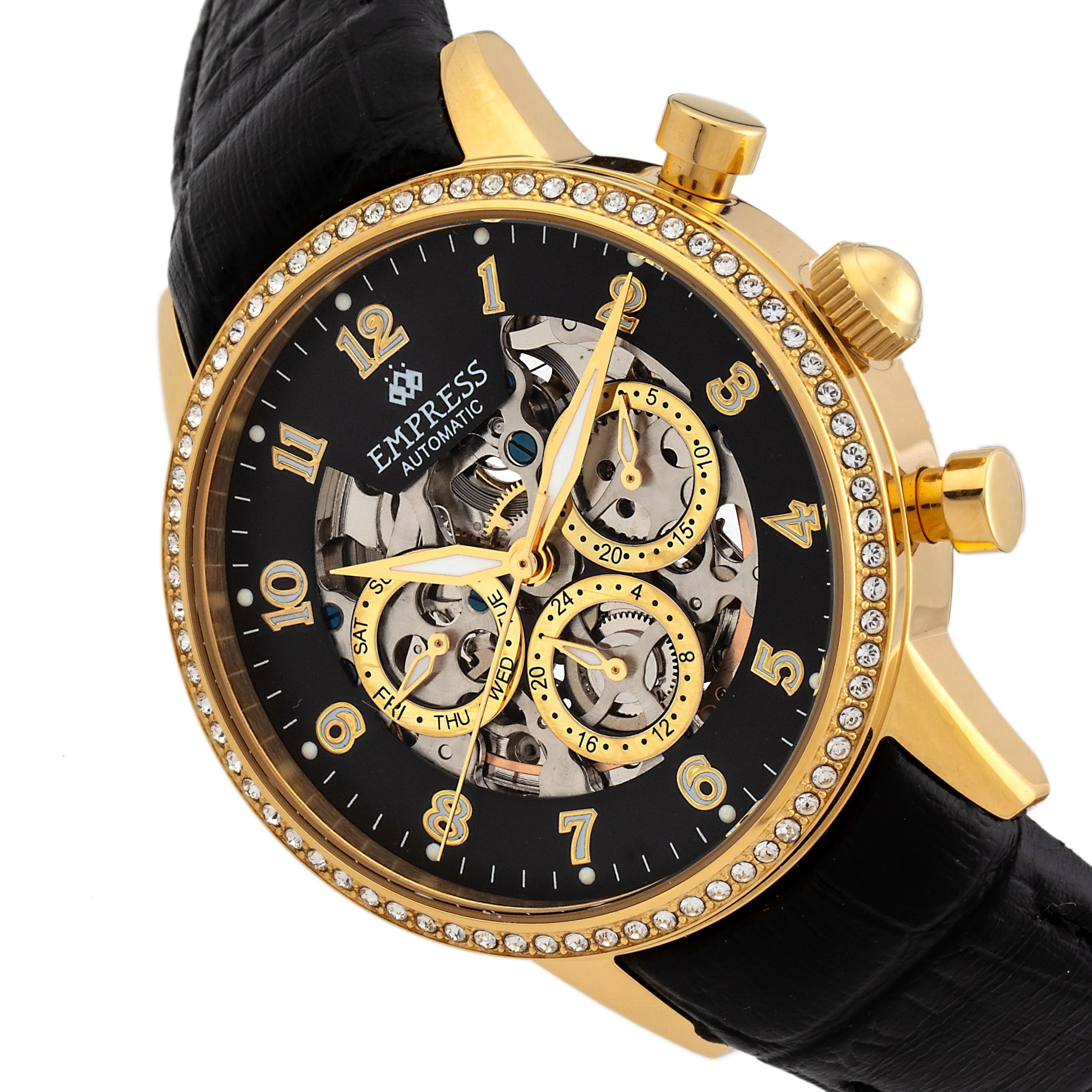 Empress Beatrice Automatic Skeleton Dial Leather-Band Watch w/Day/Date - Gold/Black