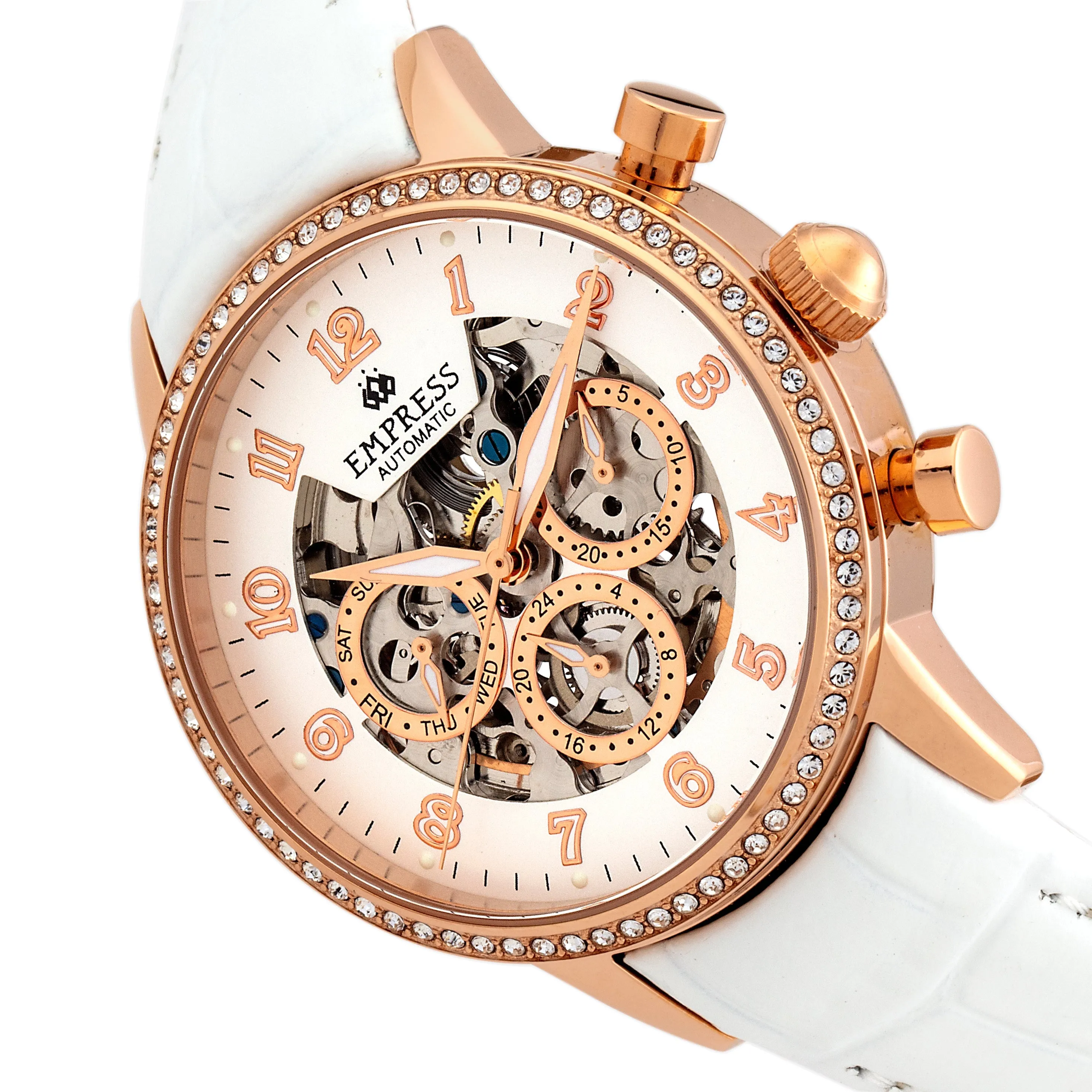 Empress Beatrice Automatic Skeleton Dial Leather-Band Watch w/Day/Date - Rose Gold/White