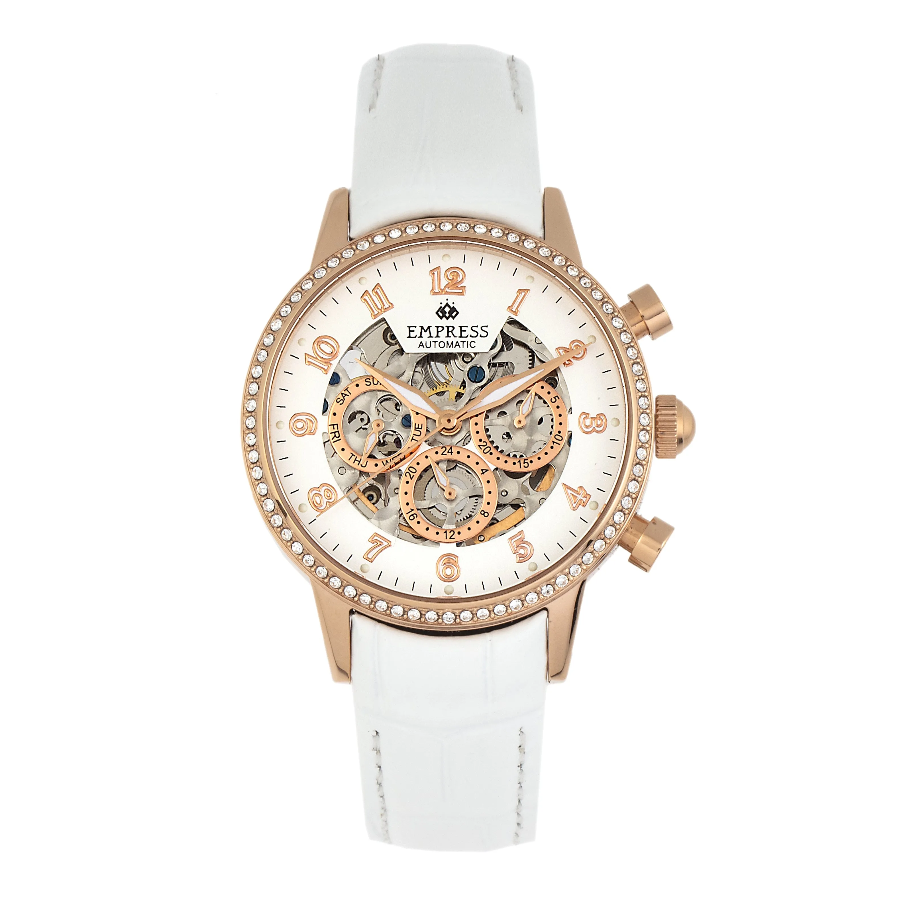 Empress Beatrice Automatic Skeleton Dial Leather-Band Watch w/Day/Date - Rose Gold/White