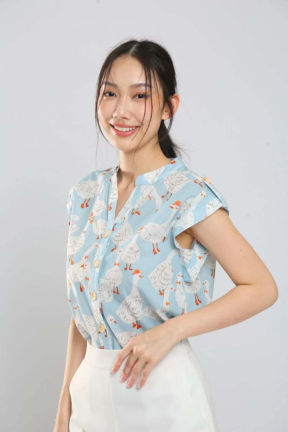 Felizia Cotton Top in Sky Goose Print
