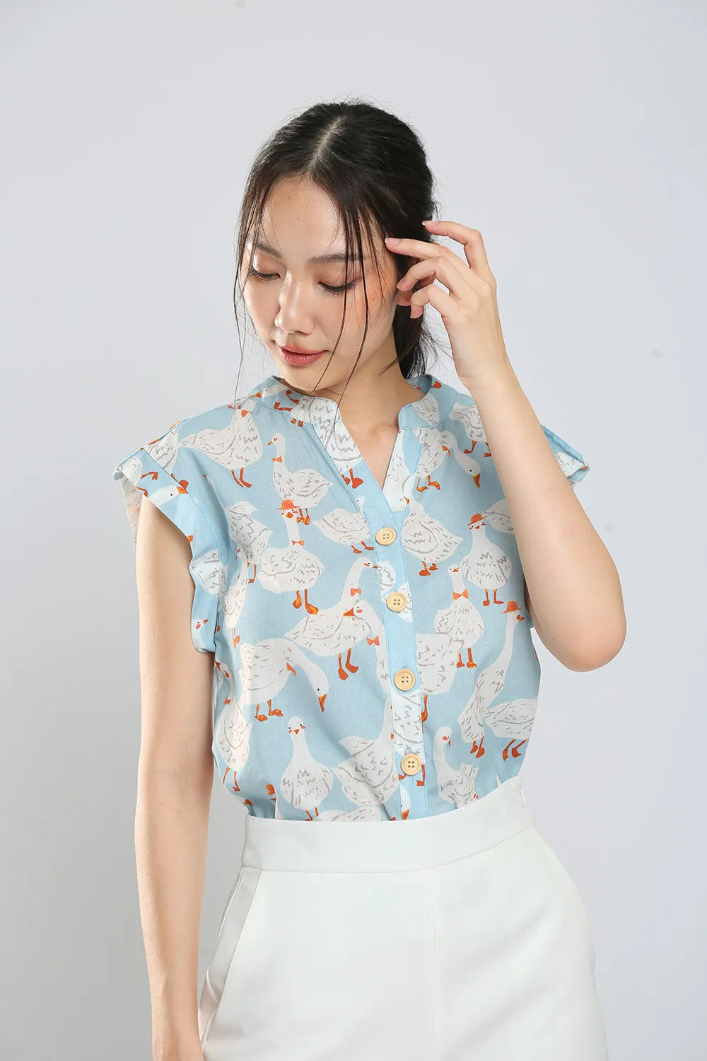 Felizia Cotton Top in Sky Goose Print