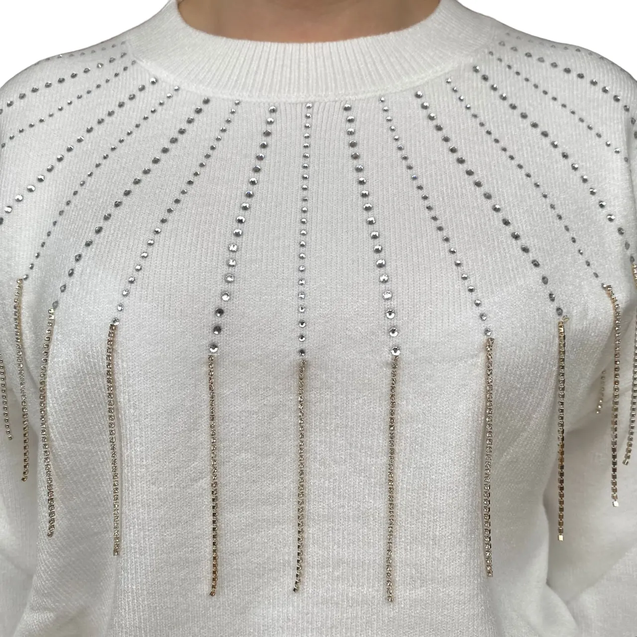 Fresh Flower maglia girocollo con frange strass da donna FF437 panna