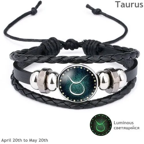 Glow in the Dark Zodiac Sign Leather Bracelet