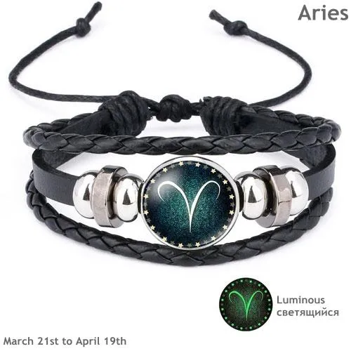 Glow in the Dark Zodiac Sign Leather Bracelet