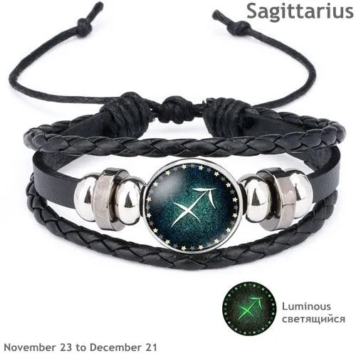 Glow in the Dark Zodiac Sign Leather Bracelet
