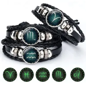 Glow in the Dark Zodiac Sign Leather Bracelet