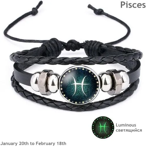 Glow in the Dark Zodiac Sign Leather Bracelet