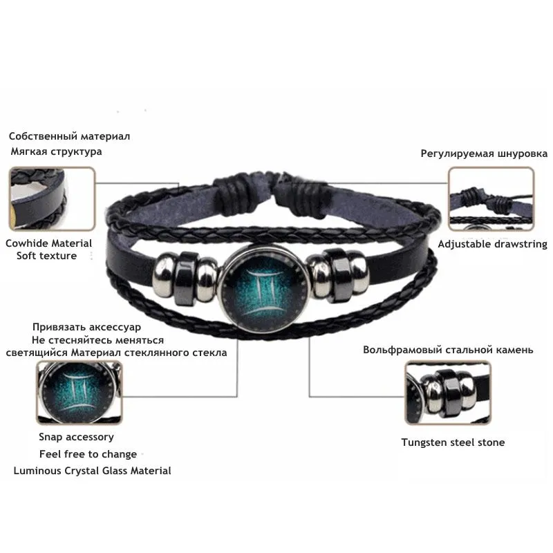 Glow in the Dark Zodiac Sign Leather Bracelet