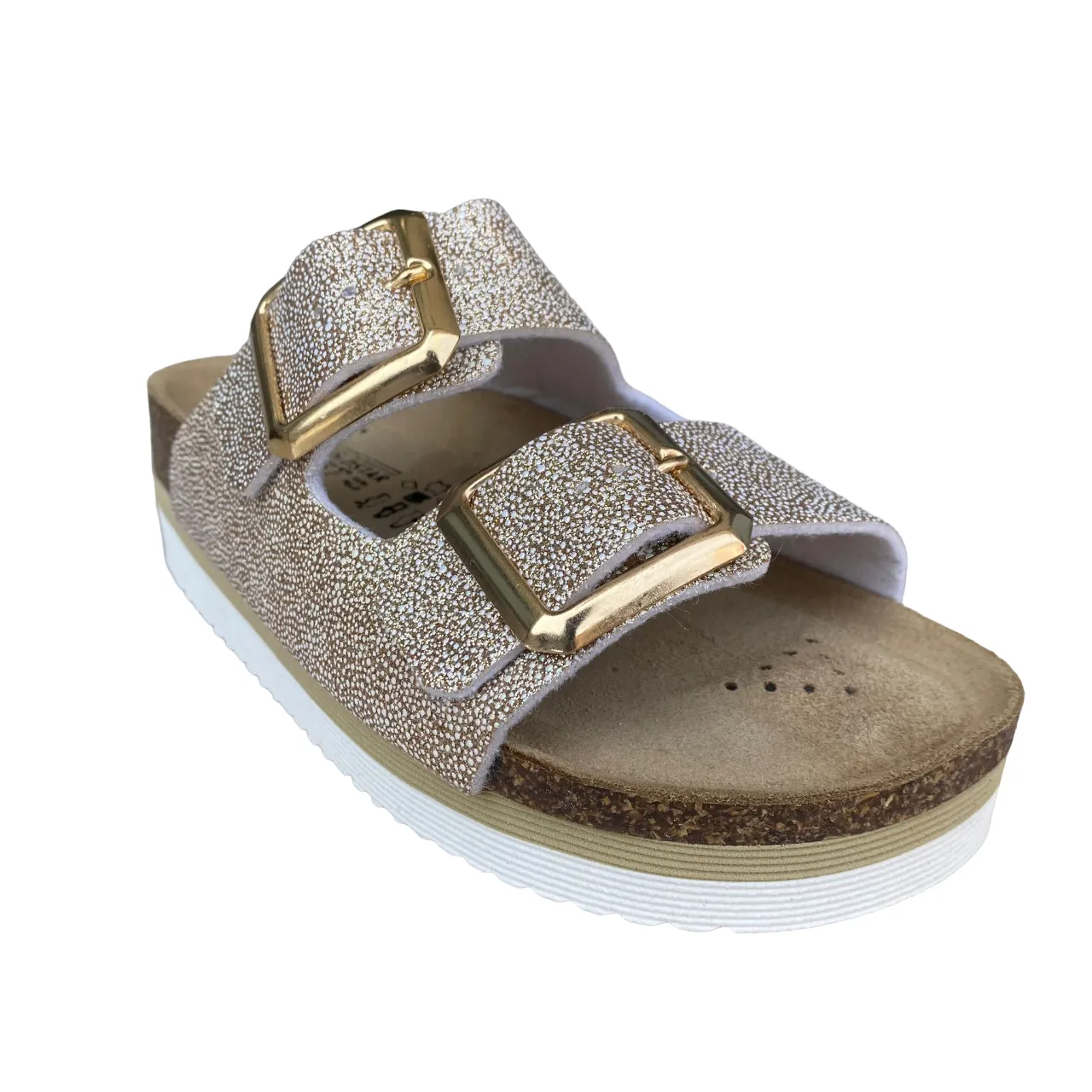 Goldstar ciabatta da donna sottopiede in pelle con 2 fasce glitterate e fibbia dorata GS4801QBK platino
