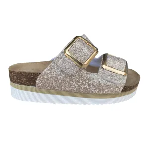 Goldstar ciabatta da donna sottopiede in pelle con 2 fasce glitterate e fibbia dorata GS4801QBK platino