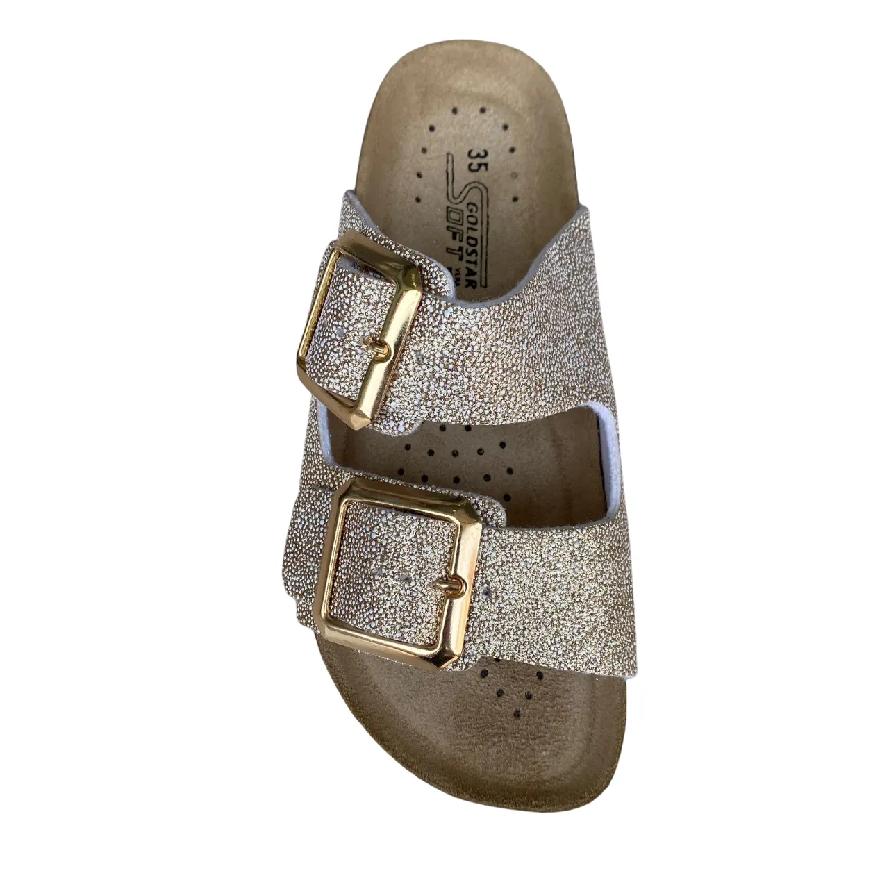 Goldstar ciabatta da donna sottopiede in pelle con 2 fasce glitterate e fibbia dorata GS4801QBK platino