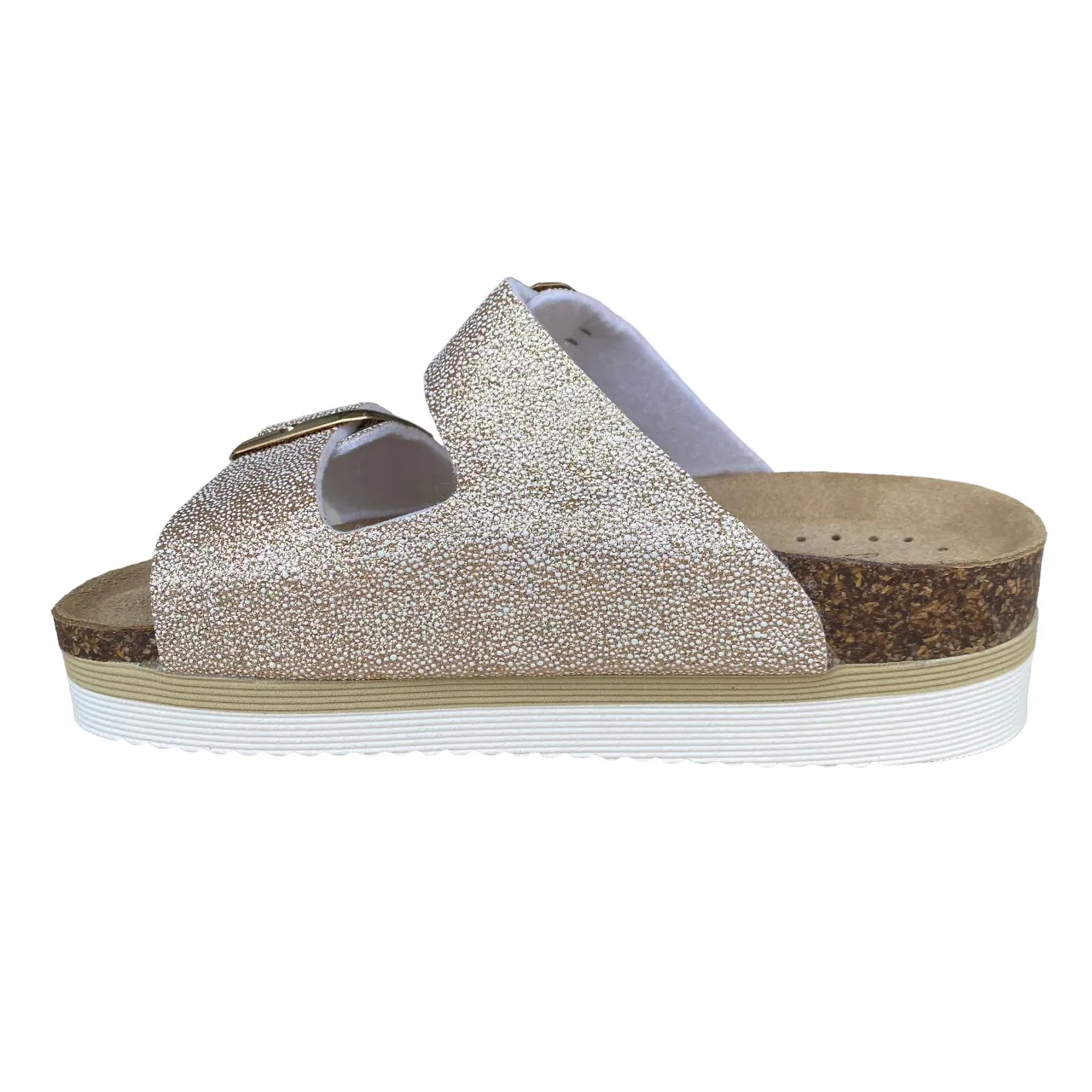 Goldstar ciabatta da donna sottopiede in pelle con 2 fasce glitterate e fibbia dorata GS4801QBK platino