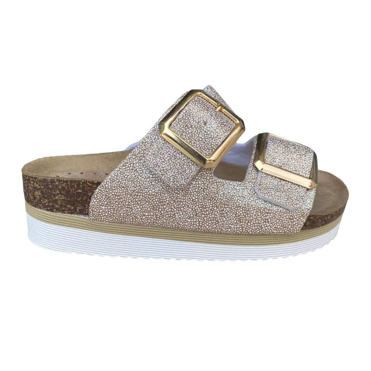 Goldstar ciabatta da donna sottopiede in pelle con 2 fasce glitterate e fibbia dorata GS4801QBK platino