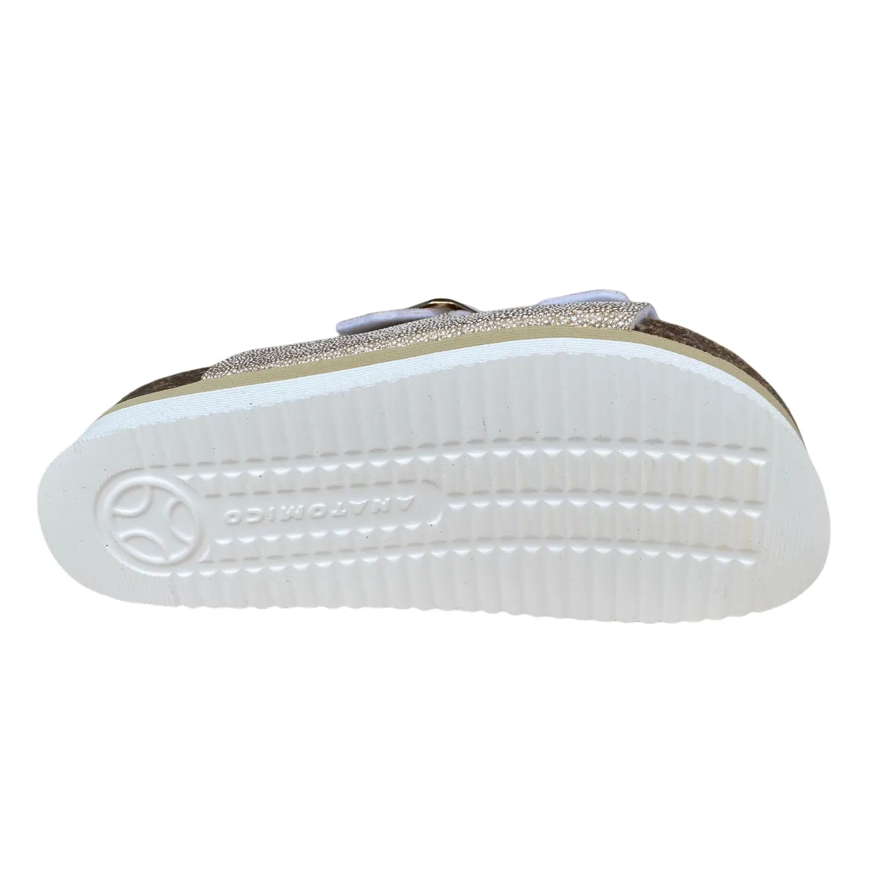 Goldstar ciabatta da donna sottopiede in pelle con 2 fasce glitterate e fibbia dorata GS4801QBK platino