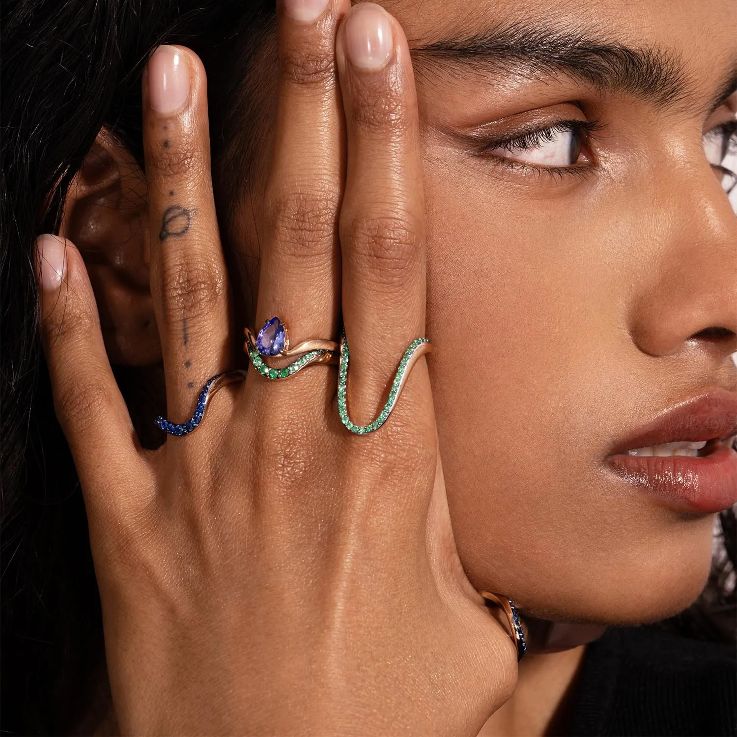 Grand Halo Ring | Half pavé, rose gold & emeralds