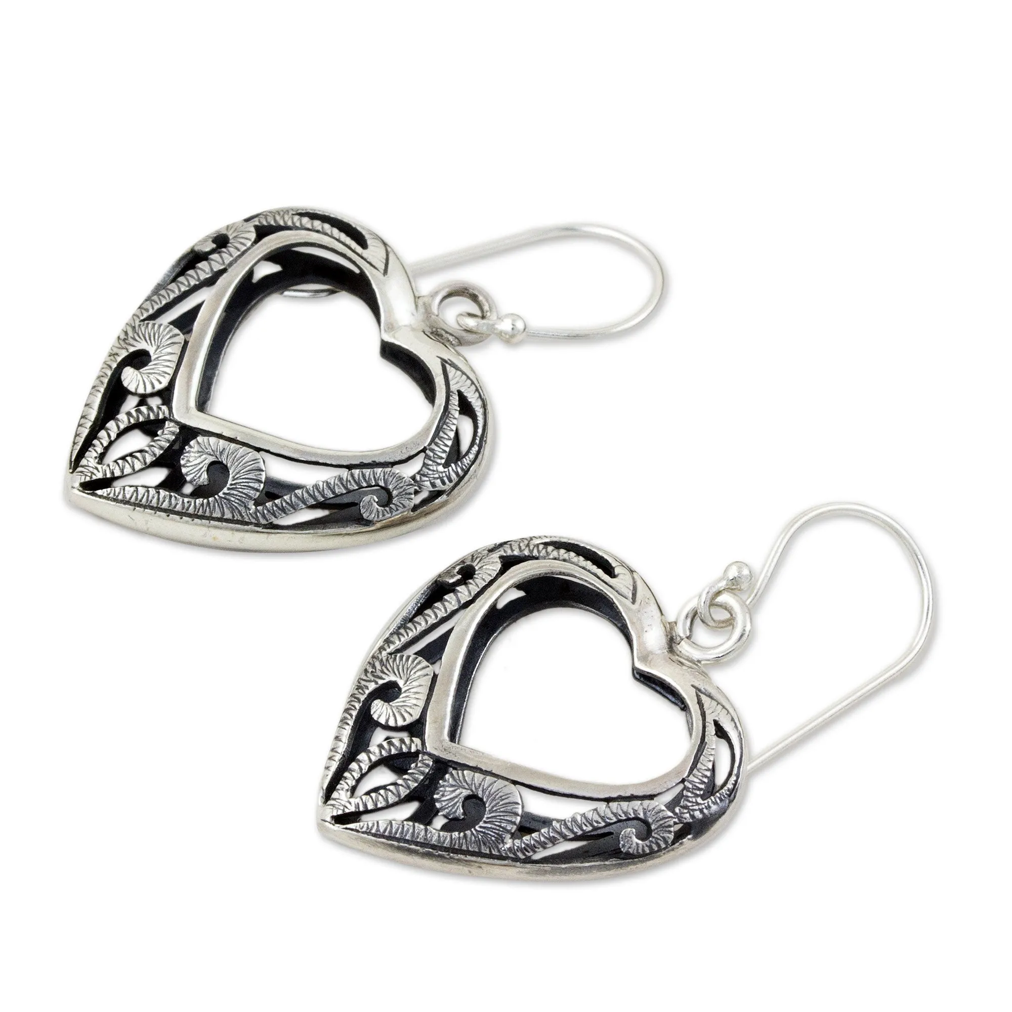Hand Made Sterling Silver Dangle Earrings - Moonlit Hearts | NOVICA