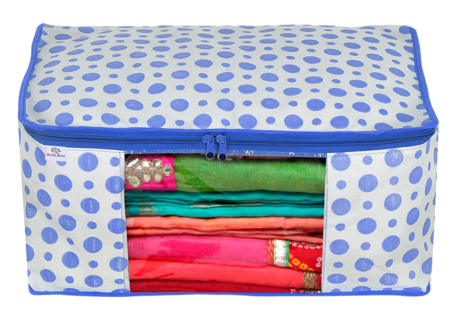 Heart Home Dot Printed Foldable, Lightweight Non-Woven Saree Cover/Organizer With Tranasparent Window- Pack of 6 (Blue)-46HH0497