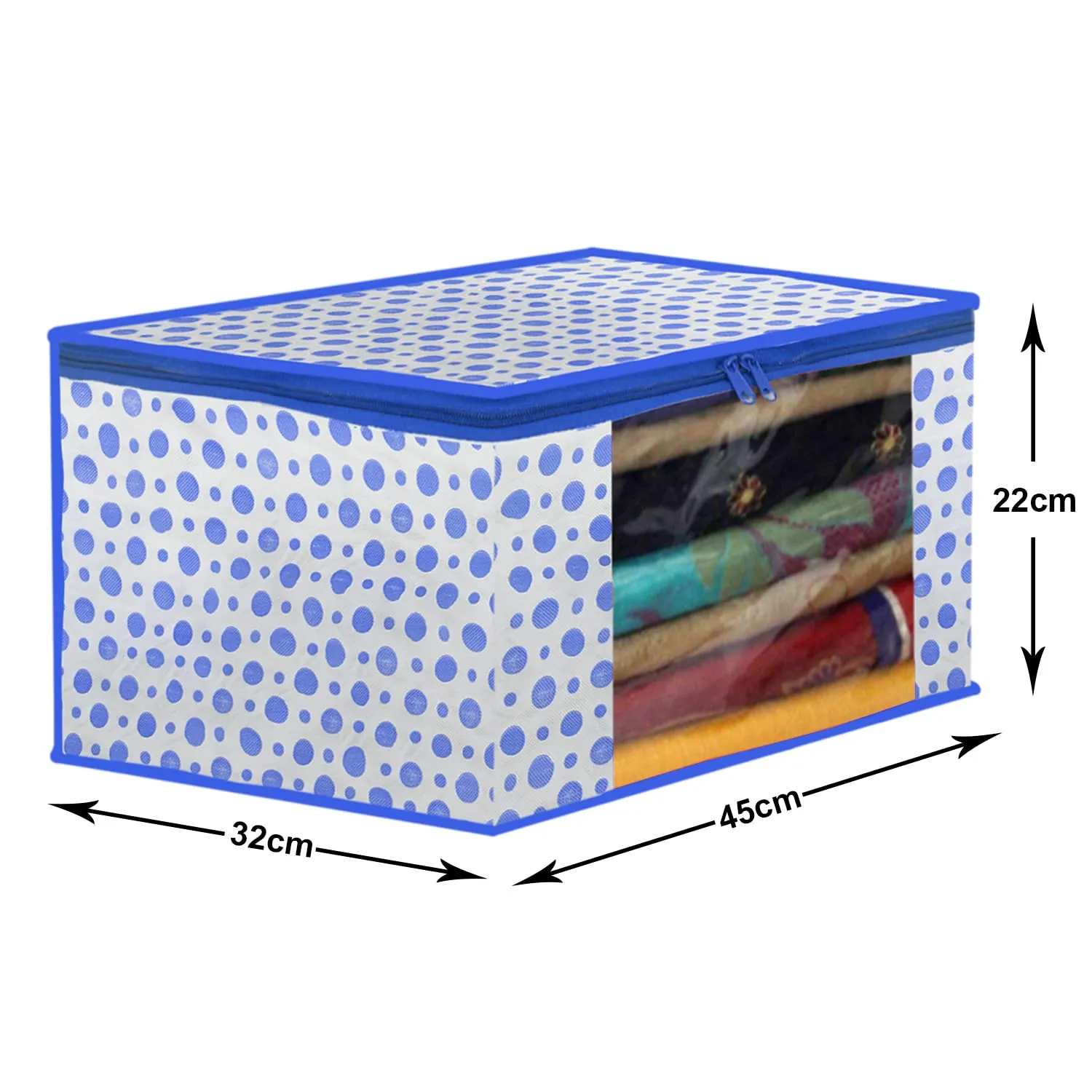 Heart Home Dot Printed Foldable, Lightweight Non-Woven Saree Cover/Organizer With Tranasparent Window- Pack of 6 (Blue)-46HH0497