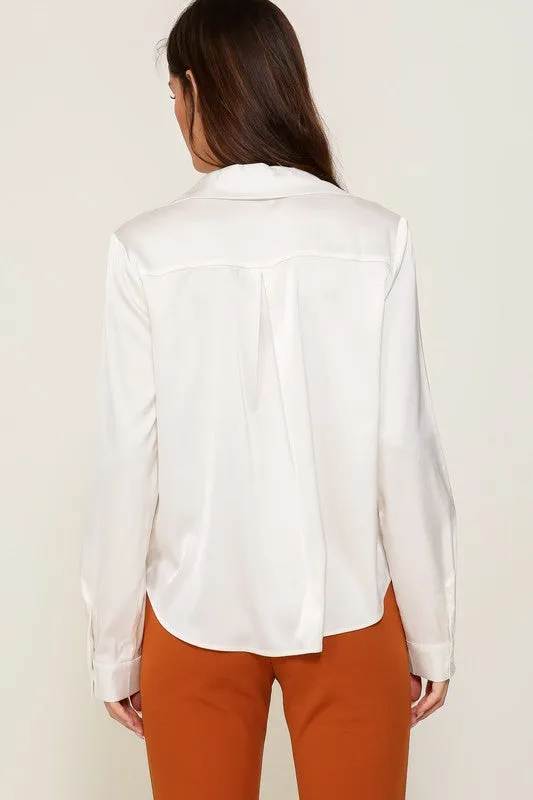 Ivory Satin Collared Button Down Blouse