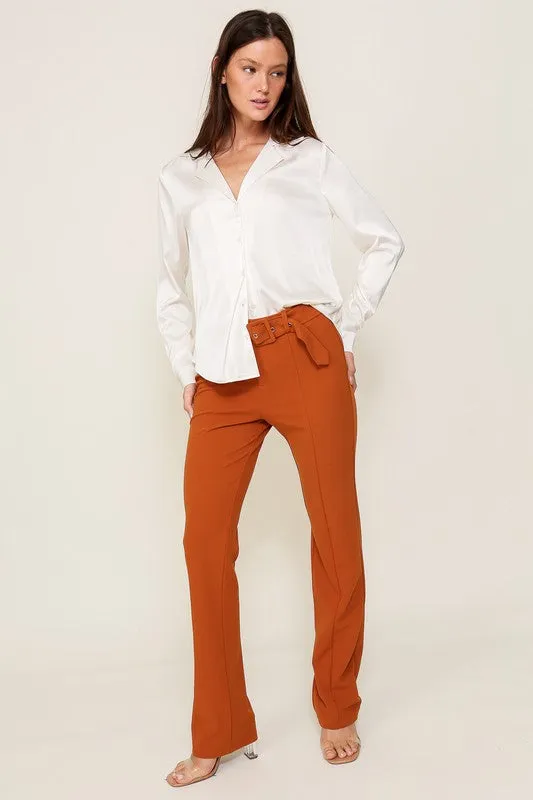 Ivory Satin Collared Button Down Blouse