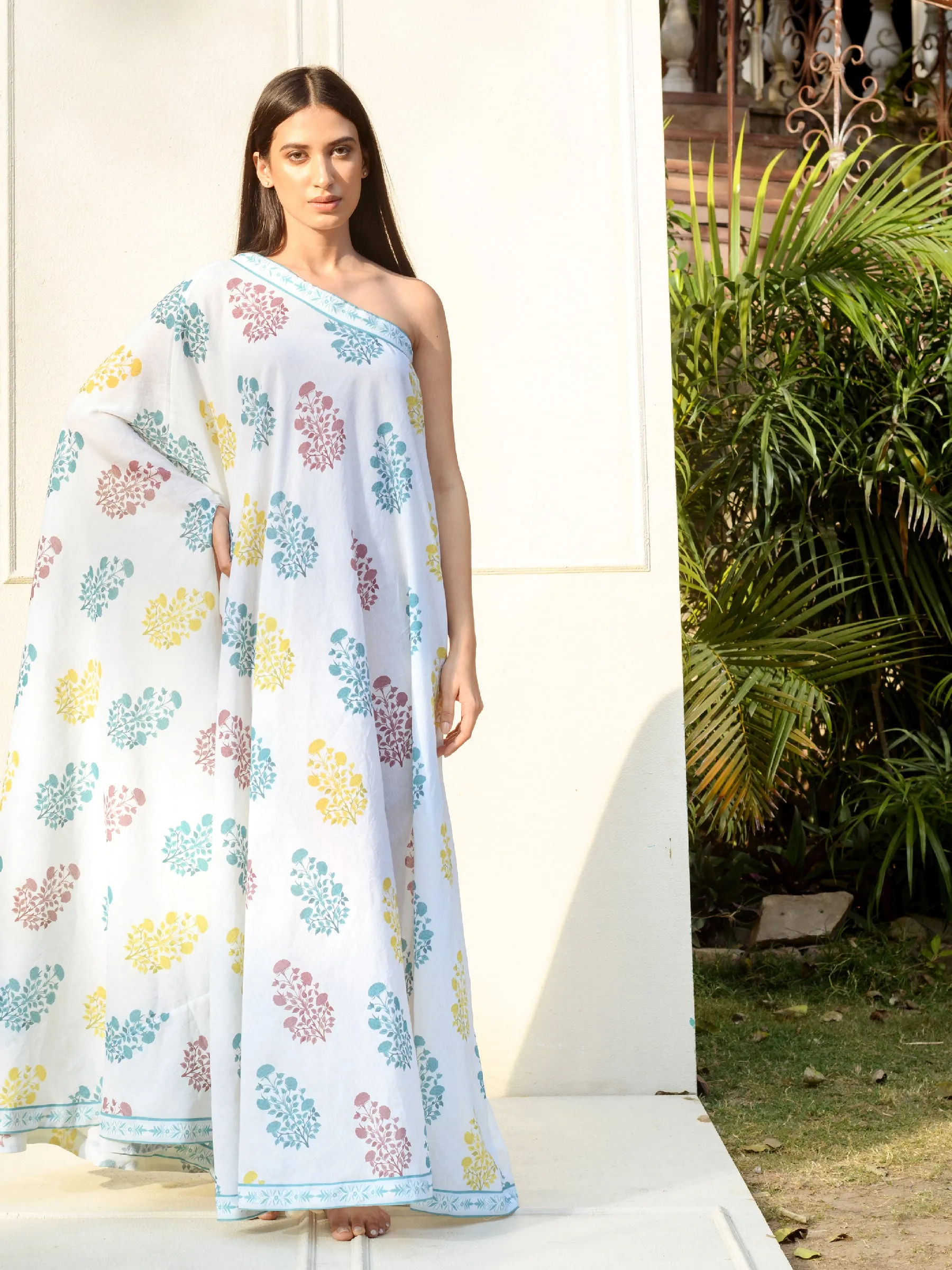 Jaipur Sapphire Topaz One Shoulder 100% Cotton Kaftaan