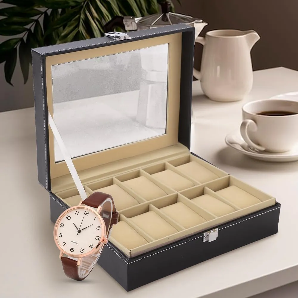Kuber Industries 10 Slots Watch Organizer|Watch Storage Box For Men & Women|Secure Closer|Wrist Watch Display BoxBlack|