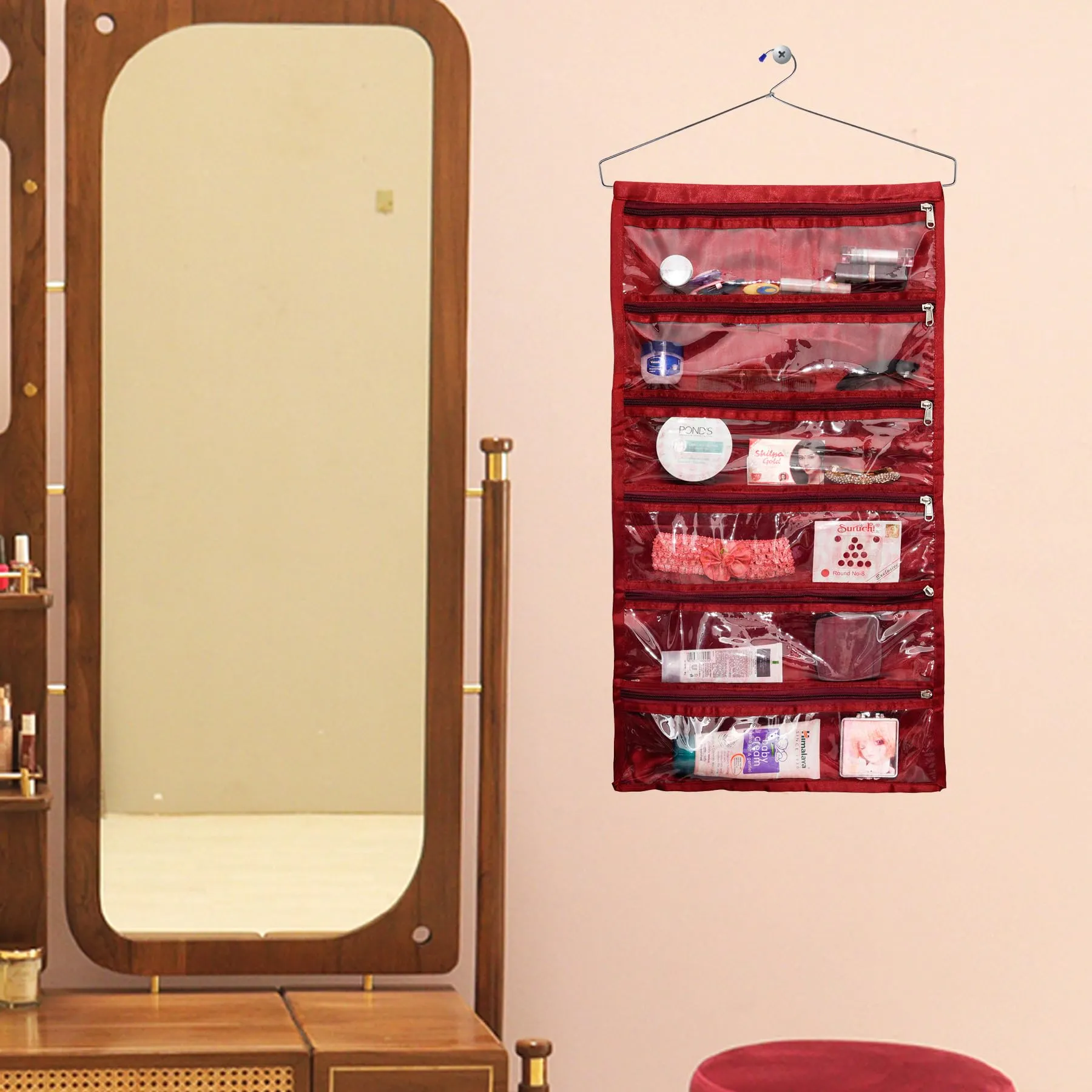 Kuber Industries Hanging Organizer | Satin Storage Hanger | 6 Pocket Hanging Organizer | Storage Organizer with Hanger | Jewellery Kit | Jewellery Hanging Organizer | Maroon