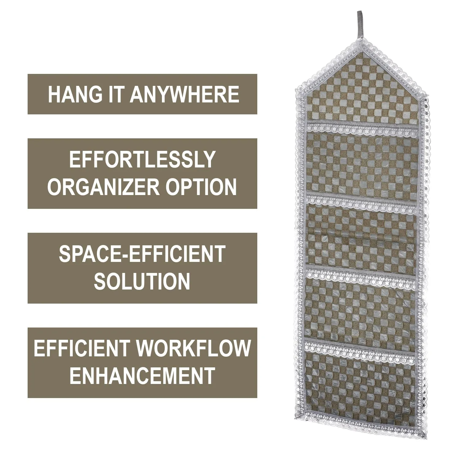 Kuber Industries Paper Holder | Foldable Hanging Organizer | PVC Shining Check Design Document Holder | Wall Hanging Organizer with 3 Pocket | Pack of 2 | Silver