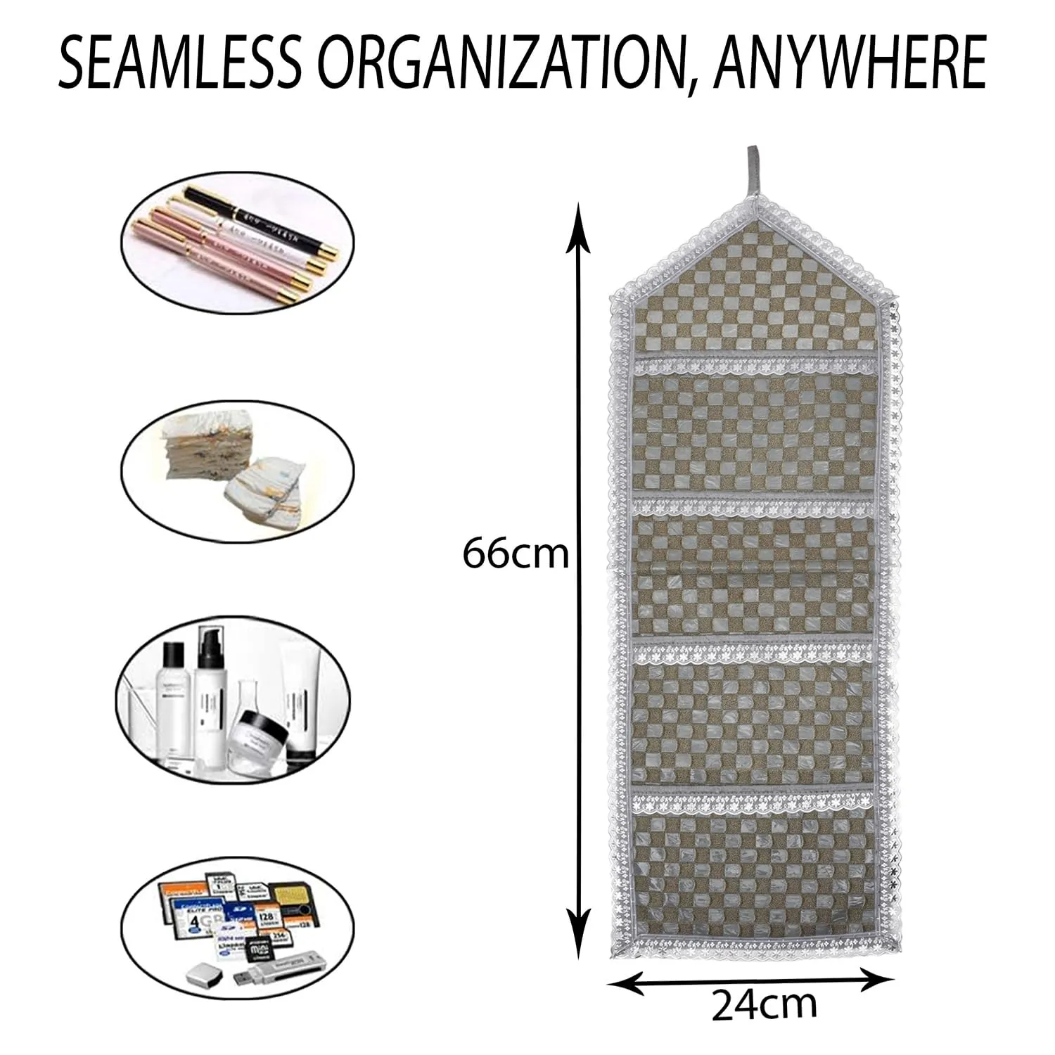 Kuber Industries Paper Holder | Foldable Hanging Organizer | PVC Shining Check Design Document Holder | Wall Hanging Organizer with 3 Pocket | Pack of 2 | Silver