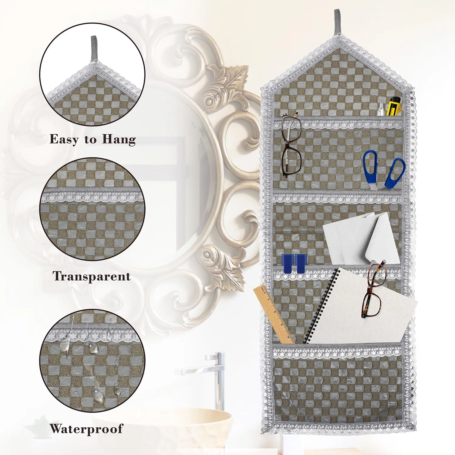 Kuber Industries Paper Holder | Foldable Hanging Organizer | PVC Shining Check Design Document Holder | Wall Hanging Organizer with 3 Pocket | Pack of 2 | Silver