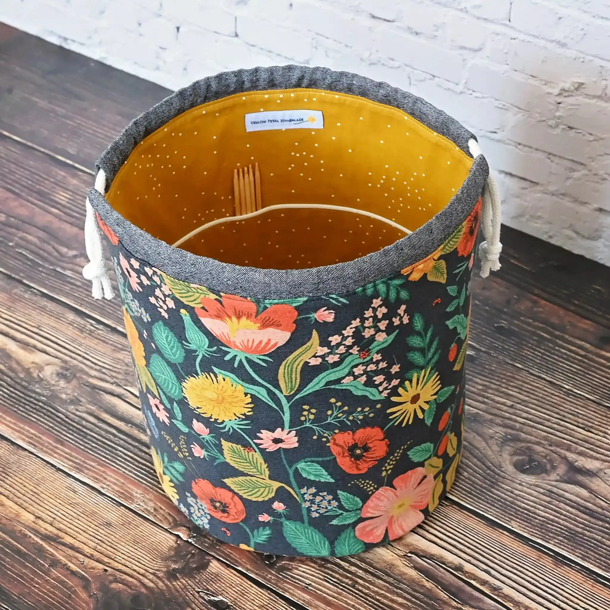 Large Bucket Style Drawstring Knitting Bag with Quilted Bottom