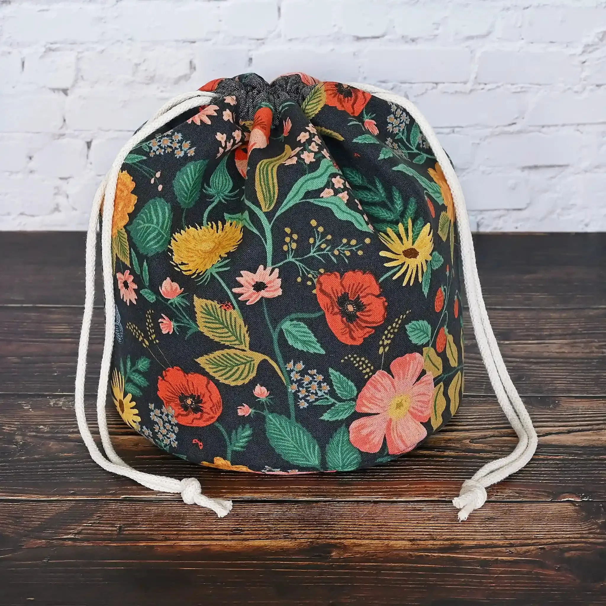 Large Bucket Style Drawstring Knitting Bag with Quilted Bottom