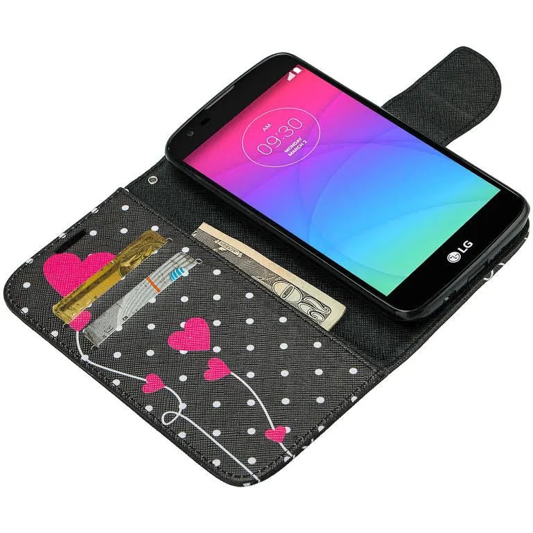LG K7, LG Tribute 5, LG Treasure Wallet Case, Wrist Strap [Kickstand] Pu Leather Wallet Case with ID & Credit Card Slots - Polka Dot Heart