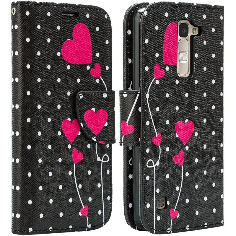 LG K7, LG Tribute 5, LG Treasure Wallet Case, Wrist Strap [Kickstand] Pu Leather Wallet Case with ID & Credit Card Slots - Polka Dot Heart