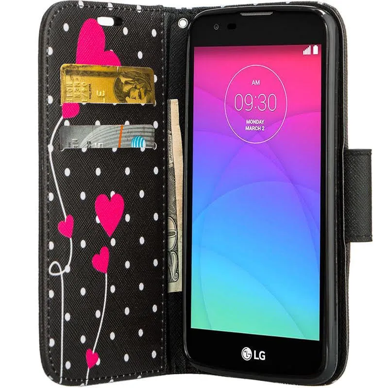 LG K7, LG Tribute 5, LG Treasure Wallet Case, Wrist Strap [Kickstand] Pu Leather Wallet Case with ID & Credit Card Slots - Polka Dot Heart