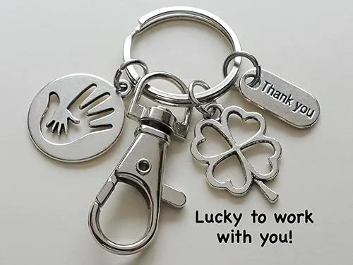 Little Hand in Hand Charm Keychain with Clover, Thank You Charm, and Swivel Clasp; School or Preschool Teacher Appreciation, Volunteer, Pediatrician, Therapist, Social Worker, or Other Child Advocate